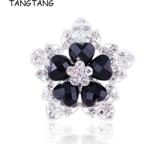 TANGTANG Flowers Brooch Black Resin Stone Scarf Pins Elegant Female Collar Pin Brooch Buckle Crystal Brooch Rhinestone