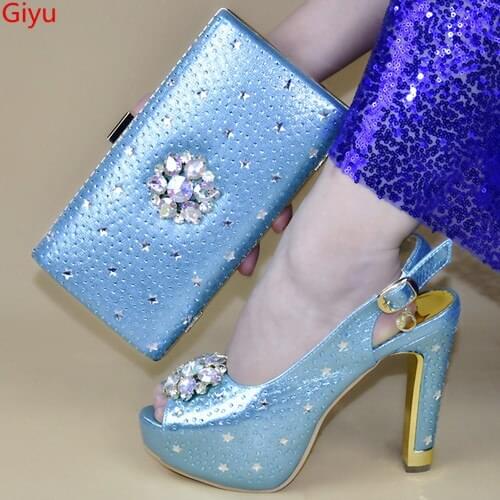 Doershow beautiful Shoes And Bag Matching Set With sky blue Hot Selling Women Italian Shoes And Bag Set For Party Wedding!HTW1-1