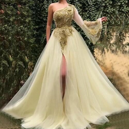 Dubai Yellow One Shoulder Sexy Evening Dresses Beading Sequined A-Line Formal Dress 2020 Serene Hill LA60959