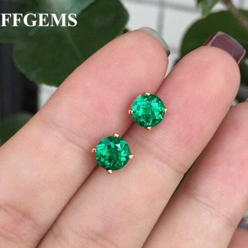 FFGems 100% Solid 10K Gold Lab Created Colombia Emerald "CCE" Earring Simple Round Green Fine Jewelry For Women Lady Gift Box