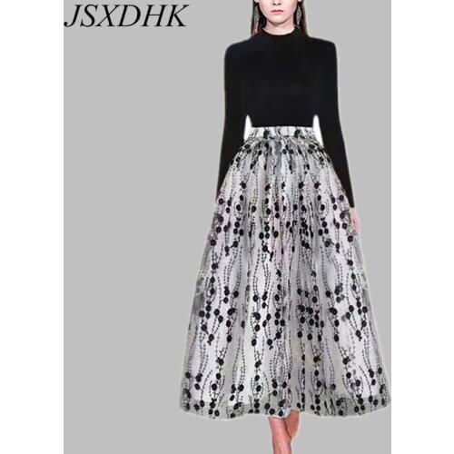 JSXDHK Runway Women Sweater 2 Piece Set New Autumn O Neck Knitted Black Tops +High Waist Mesh Flower Embroidery Long Skirts Suit