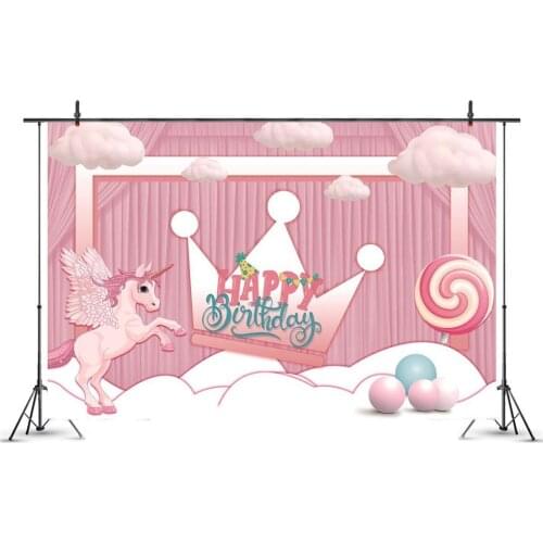 Crown Candy Unicorn Princess Pink Party Backdrop Photography Photo Girl Birthday Room Table Decorative Custom Vinyl Background