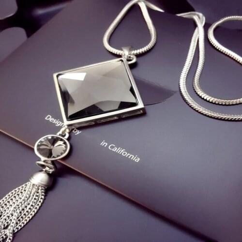 LWMMD Square Crystal Pendant Long Tassel Necklace Women Fashion Jewelry Wholesale Silver color Chain Hematite Plated