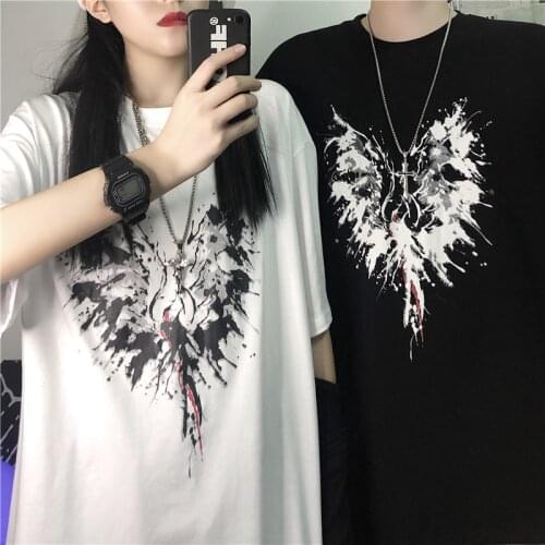 Harajuku Summer T-Shirt Women Kpop Animal Black Cartoon Print Streetwear Loose Vintage Dropshipping Punk Y2K Cotton Black Tops