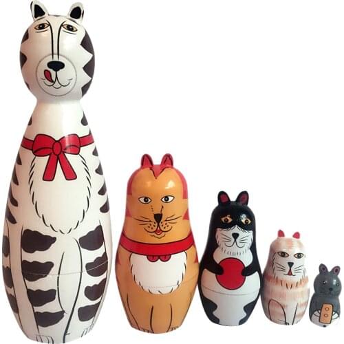 Set of 5pcs Wooden Russian Nesting Doll Hand Painted Cats Gifts Family Matryoshka Collections Traditional Style DIY Dolls