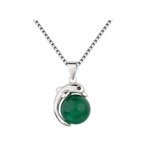 Natural Green Jade Chalcedony Dolphin Agate Pendant 925 Silver Necklace Chinese Carved Fashion Charm Jewelry Amulet for Women