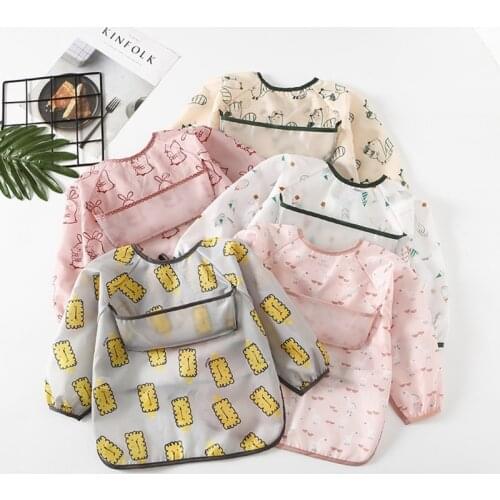 Waterproof Cartoon Kids Toddler Baby Bibs Children Long Sleeve Apron Art Smock Feeding Bib with Pockets Boys Girls Burp Cloth