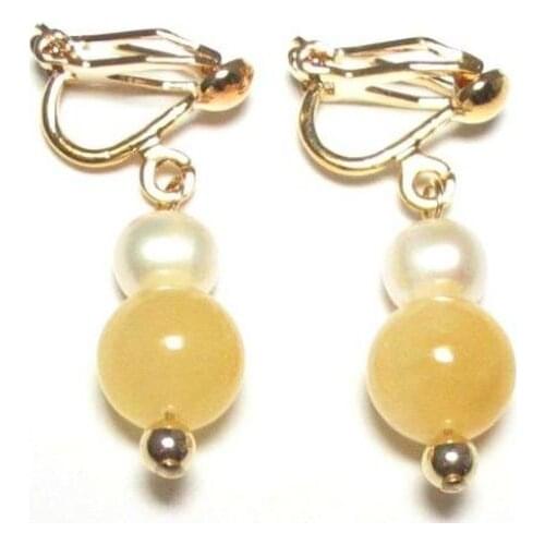 New Style Favorite Pearl Store Genuine 7-8mm White Pearl Yellow Jade 18K YGP Clip On Earrings Wedding Party Perfect Lady Gift