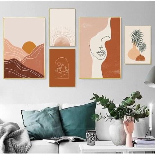 Boho Abstract Landscape Nordic Posters and Prints Beige Gallery Wall Art Canvas Painting Sun Woman Face Line Art Pictures Decor