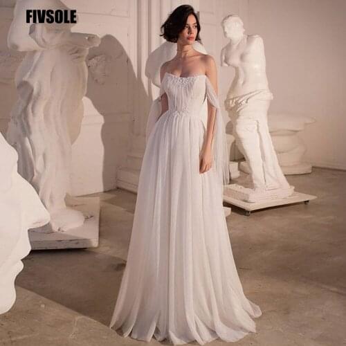 Fivsole Strapless Puffy Sleeves Wedding Dress 2021 Side Slit High Quality Satin Pleat Bride Gowns Vestido De Noiva Lace-up