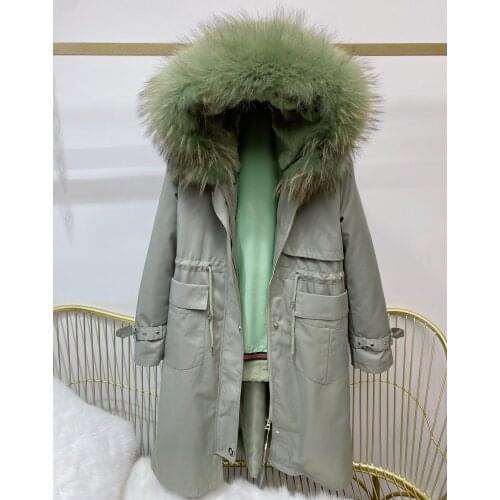 RosEvans 2020 New Real Fur Coat Winter Women Warm Rex Rabbit Fur Liner Green Embroidery Fur Parkas Middle Long Jacket Female