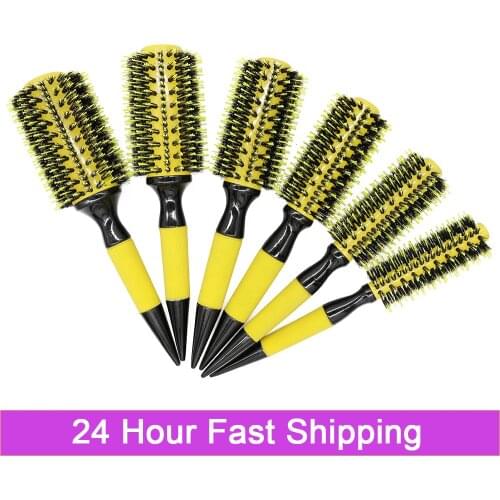 Yellow Ceramic Coating Barrel Ion Hair Brush Boar Bristle Curling Hair Brush 6pcs/set Professional Wooden Round Hair Comb Ceram