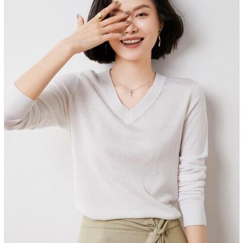 Sweater women spring 2021 new casual solid color sweater women slim knit sweater V-neck cashmere pullover wool top