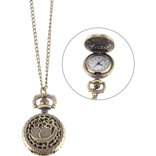 Vintage Pocket Watch Bronze Color Quartz Watch Cool Chain Hollow Owl Cover Watches LXH