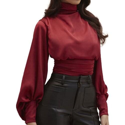 2021 Fashion Elegant Office Lady Satin Bodysuit Women Sexy Long Sleeve Turtleneck Skinny Leotard Backless Romper Body Tops