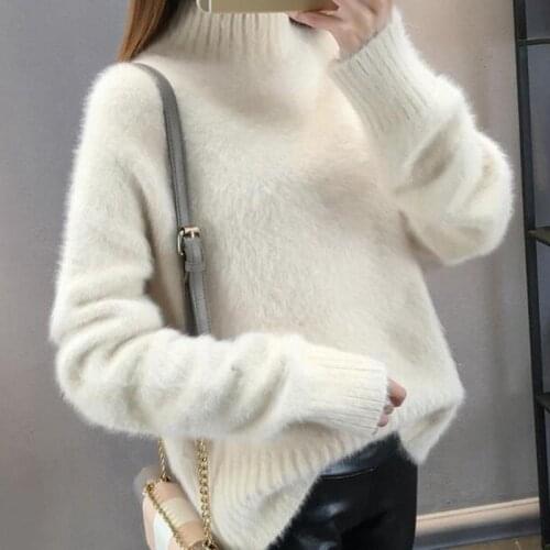 2021 womens stand-up collar pullover sweater temperament pure color waterproof mink velvet base winter warm loose soft sweater
