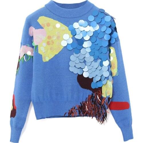 2019 New Autumn Winter Women Sweaters And Pullovers Knitted Appliques Beading Embroidery O Neck Jumpers Female Outfits Sky Blue