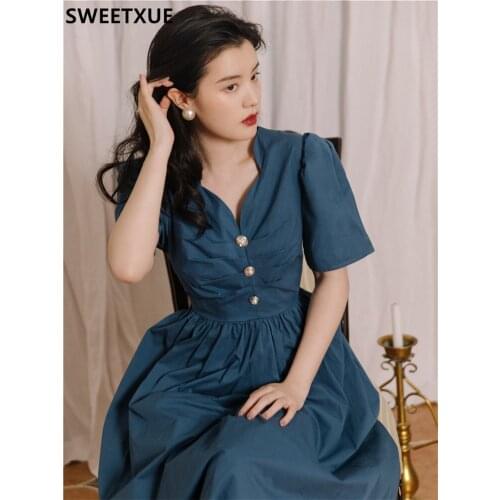 SWEETXUE 2021 Summer Puff Sleeves Vintage High-end V-neck Temperament Dress Womens Elegant Chic Party Female Vestido Mujer
