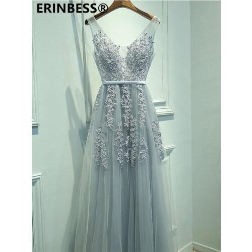 Vestido De Festa Sexy V-neck Evening Dress Robe De Soiree 2020 High Quality Grey Tulle With Applique Evening Dresses Real Photo