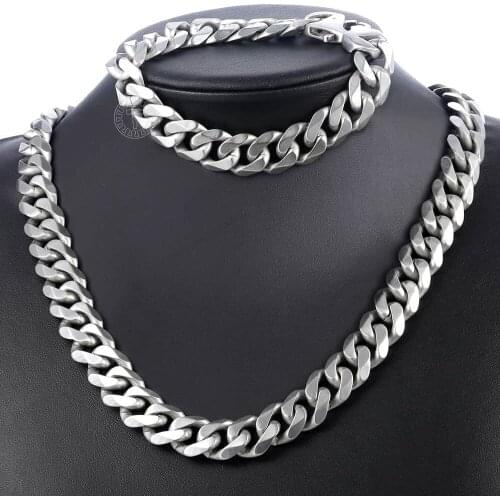 15mm Mens Bracelet Necklace Sets Matte Silver Color Cut Curb Cuban Link 316L Stainless Steel Jewelry Sets Wholesale LHS42