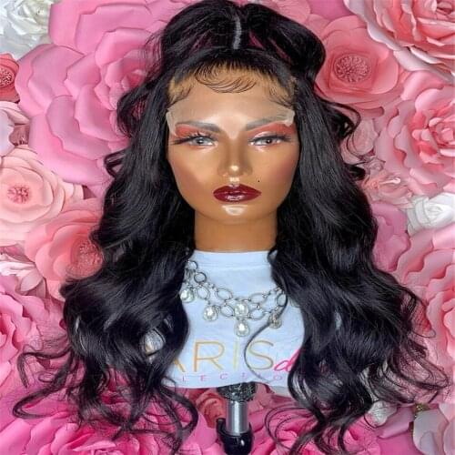 26 Inch Black 180% Density Middle Part Lace Front Wig for Women Babyhair Preplucked Heat Resistant Synthetic Glueless Deep Wave