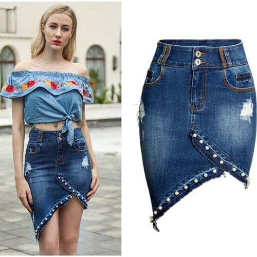 Womens Skirt 2021 Europe And America New Irregular Beaded Pearl Denim Skirt Hip Skirt Hip Skirt Mid Skirt S-XXXL