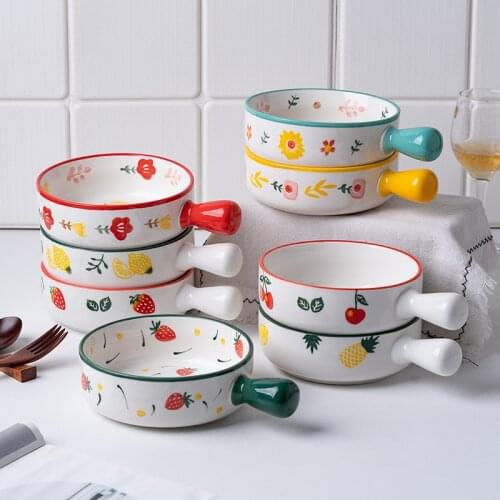 Colorful 620ML Ceramic Fruit Salad Breakfast Bowl With Handle Creative Nordic Household Tableware
