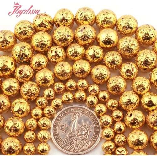 6,8,10,12mm Round Sponge Gold Yellow Volcanic Lava Rock Stone Loose Beads for DIY Women Men Necklace Bracelat Jewelry Making 15"