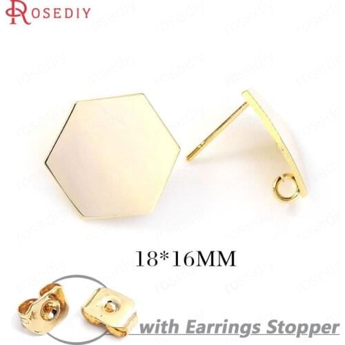 F229)10 pieces 18*16mm 24K Gold Color Brass Hexagon Stud Earrings Pins High Quality Diy Jewelry Findings Accessories