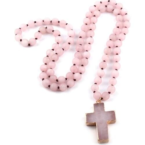 Fashion Bohemian Tribal Jewelry 8mm Natural Stones Knotted Stone Cross Pendant Necklaces Women Ethnic Necklace