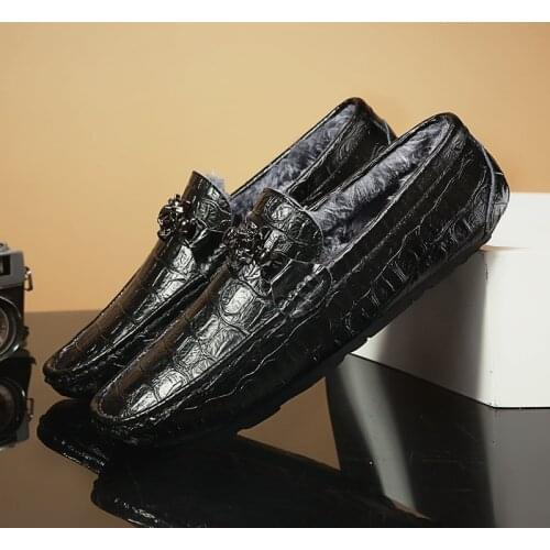 Mens Loafers Winter Warm Fur Casual Flats Leather Casual Driving Shoes Men Italian Man Moccasins Home Office Comfortable Loafers