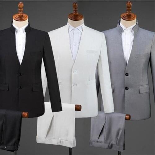 Singer stand collar men suit set with pants white grey wedding suits new arrival slim formal dress mens groom suit stage black