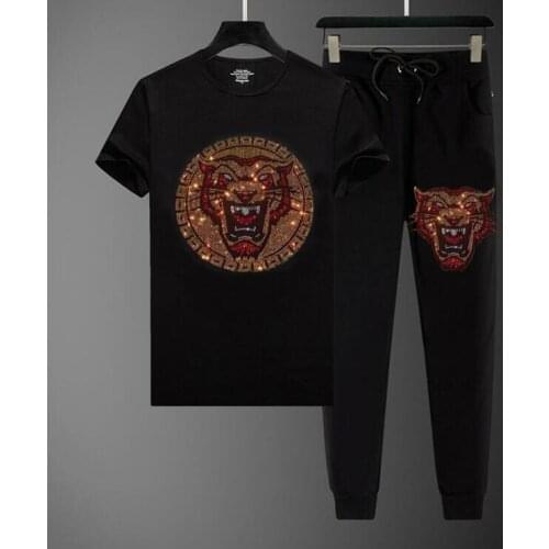 Mens Tracksuit Summer Clothes Rhinestone Two Piece Set T Shirt Shorts Brand Track Clothing Male Sweatsuit Sports Suits