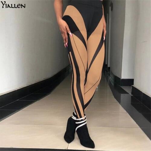 Yiallen New Women Mesh High Waist Stripe Patchwork Casual Skinny Stretch Trousers Fashion Club Streetwear Female Leggings Pant