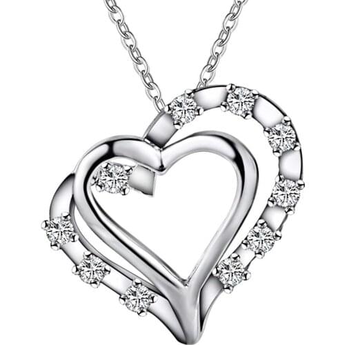 Wholesale Silver Plated Charm Jewelrys Necklace,free Shipping Fashion Fashion Jewelry Pendant Double Hearts Inlaid Stone AN161