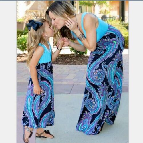 Mother Daughter Dresses Summer Family Matching Dress Blue Phoenix Print Flower Dress Mom And Gilrs Beach-dress Family Look