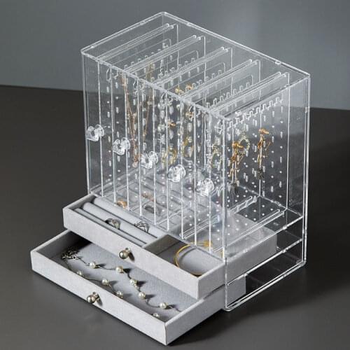 Transparent Plastic Jewelry Storage Box Household Jewelry Display Rack with Flannel Drawer Dustproof Princess Jewelry Rack