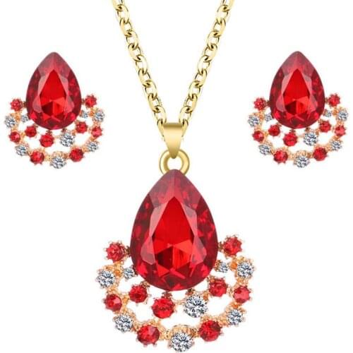 Luxury Women Faux Gem Water Drop Pendant Necklace Earrings Party Jewelry Set