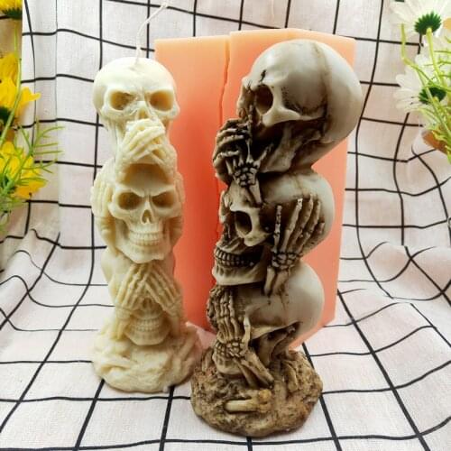 3 Sculls Silicone Candle Mold Do Not Listen Look Talk Figurine Resin Clay Plaster Moulds Home Office Decor