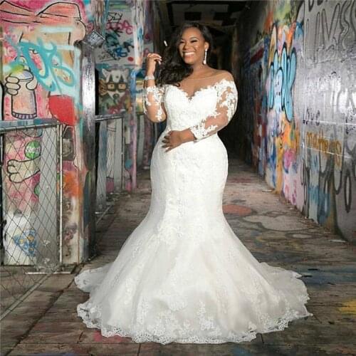 African Nigerian Long Sleeves Mermaid Wedding Dresses Full Lace Applique Sheer Off The Shoulder Bridal Gow