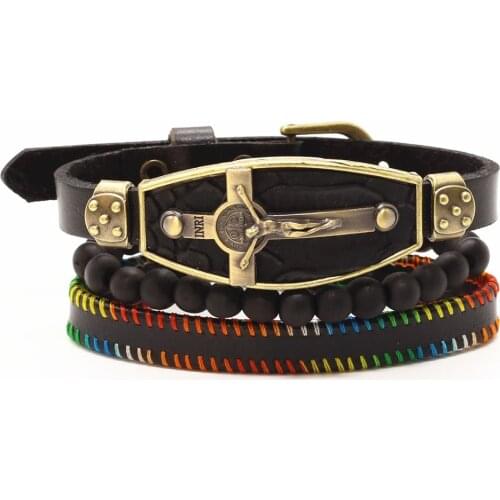 Vintage Alloy Elephant Cross Charm Genuine Leather Women Men Bracelets 3 Pcs/Set Pin Buckle Wood Beads Homme Jewelry