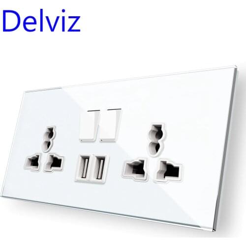 Delviz Tempered Glass Socket, EU standard White Crystal Panel, Switch controls double jacks, 16A Universal Power Wall USB Socket