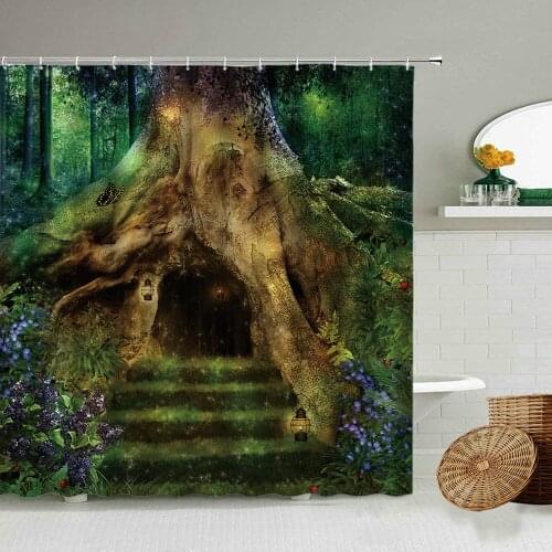 Fairy Fantasy Forest Shower Curtain Tree House Mushroom Room Cartoon Children Bathroom Blackout Waterproof Photography Screen