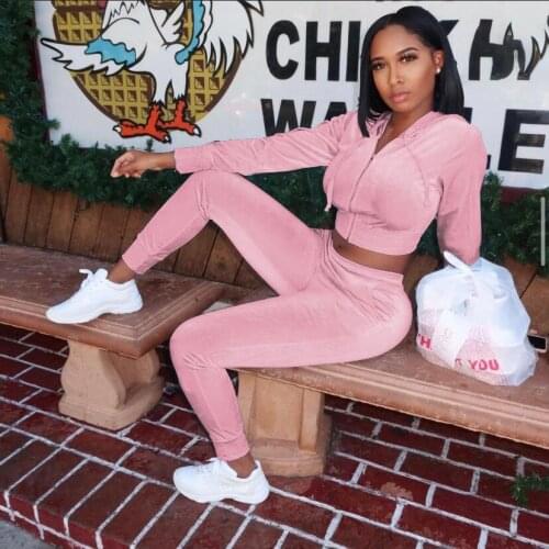 Fashion Two Piece Set Autumn Women Solid Korean Velvet Long Sleeve Hooded Zip Jacket Crop Top Slim Pants Matching Set Streetwear