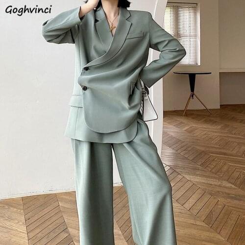 Women Sets 2 Piece Fashion Leisure Loose Notched Long Sleeve Elegant Coat High Waist Simple Trousers Solid Temperament Ulzzang