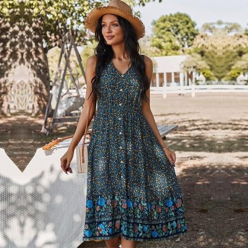 Spring New Print Tank Dress Women 2021 Casual V Neck Summer Spaghetti Strap Dress Ladies Long High Wasit A Line Floral Dresses
