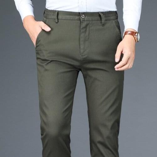 2021 Autumn and Winter Brand 98% Cotton Elastic Waist Fitted Straight Trousers Classic Business Casual Mens Pants