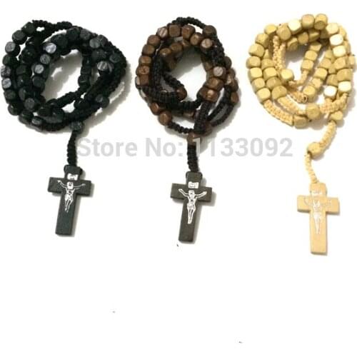 Free ship 60pcs/lot Mix 3 colors 18" Cord Square Wood Beads Rosary Jesus Cross Necklace Sturdy Construction