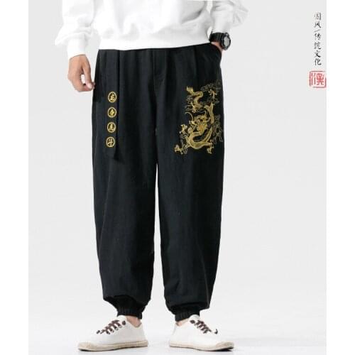 Zen Tea Men Chinese Style Embroidery Dragon Kung Fu Harem Pants Vietmam Japanese Fashion Sports Casual Trousers Dance Streetwear