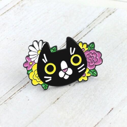 European And American Popular Cartoon Cat Dripping Oil Badge Smart Little Black Cat Hiding In The Flowers Fashion Design Brooch